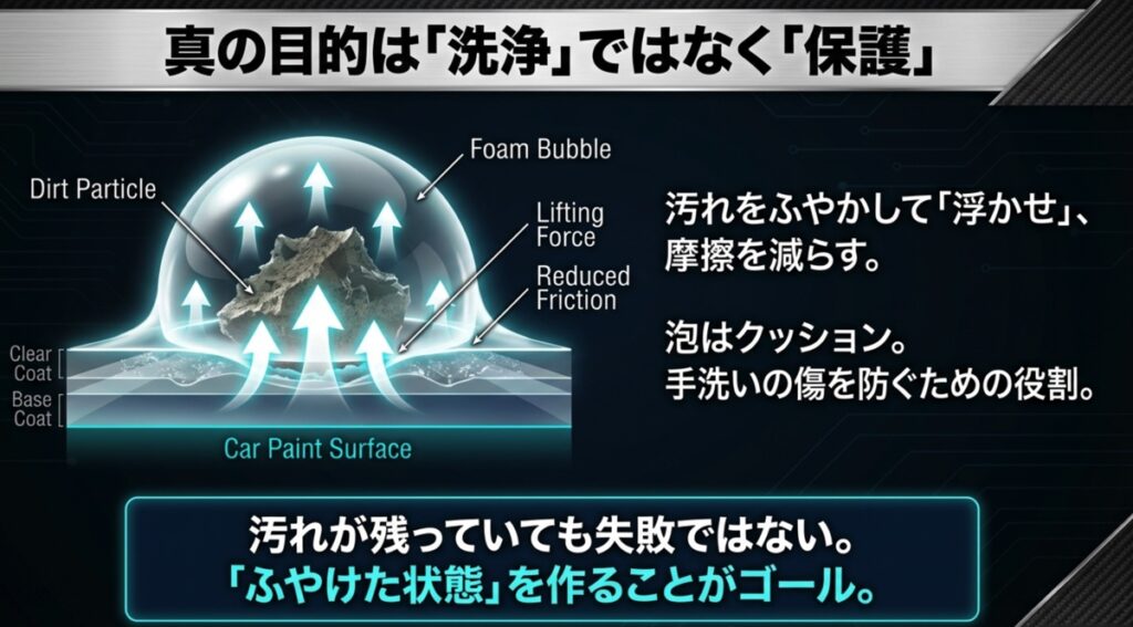 泡が汚れを浮かせて摩擦を減らすメカニズム