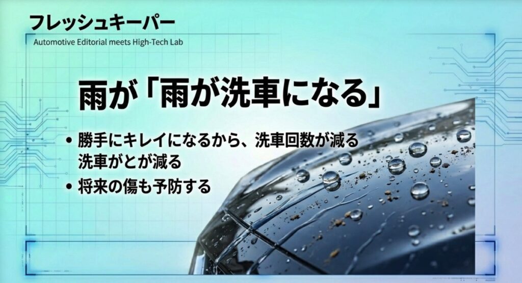 雨が降ると汚れと一緒に流れ落ちて洗車になるフレッシュキーパーの仕組み
