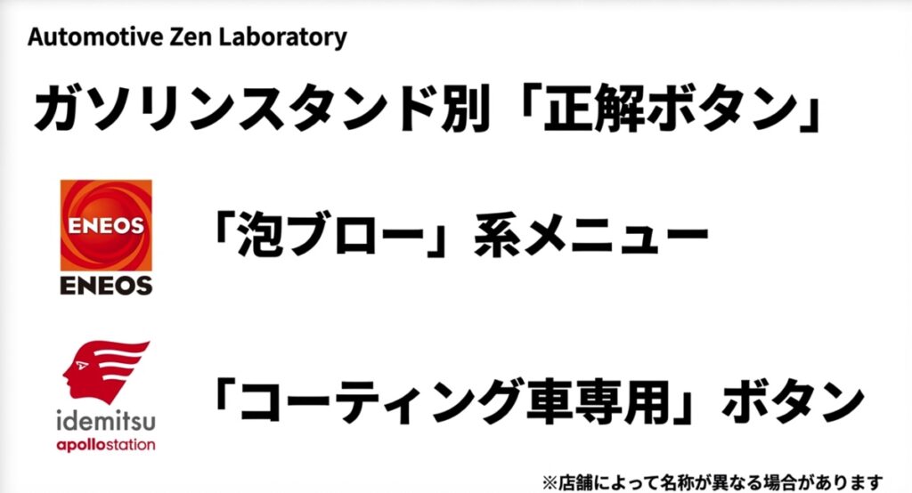 ENEOSの泡ブロー系メニューと、出光（apollostation）のコーティング車専用ボタンを推奨する図。