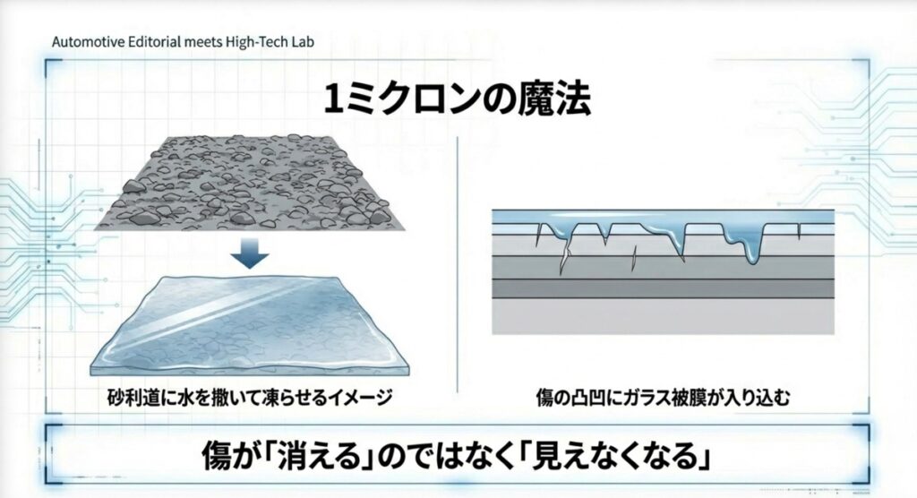 砂利道に水を撒いて凍らせるように傷の凹凸を平らにするイメージ