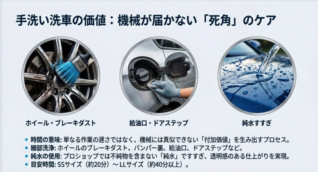 機械洗車では届かないホイールや給油口などの細部を手洗いする様子