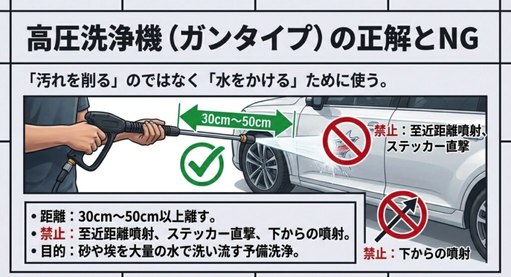 高圧洗浄機を使用する際は30cm以上離し、下からの噴射や至近距離での使用を禁止する図