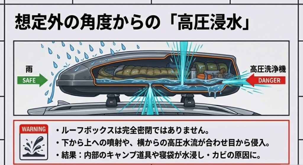 自然な雨は防げても下からの高圧水流はルーフボックス内部に浸水してしまう比較図