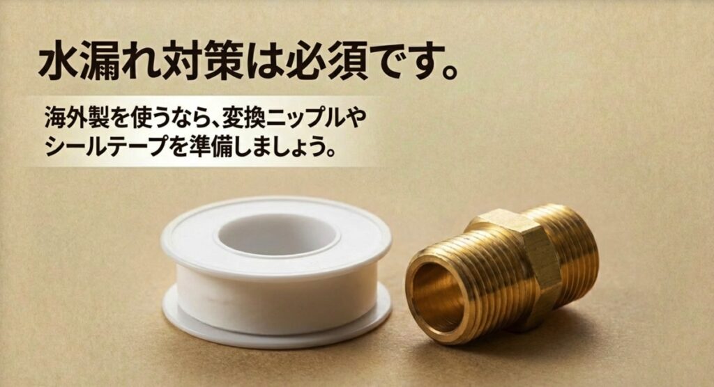 海外製純水器を使用する際の水漏れ対策として、変換ニップルやシールテープの準備が必要であることを示す注意書き