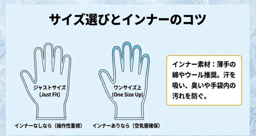 インナー手袋の有無に合わせたジャストサイズとワンサイズ上の選び方