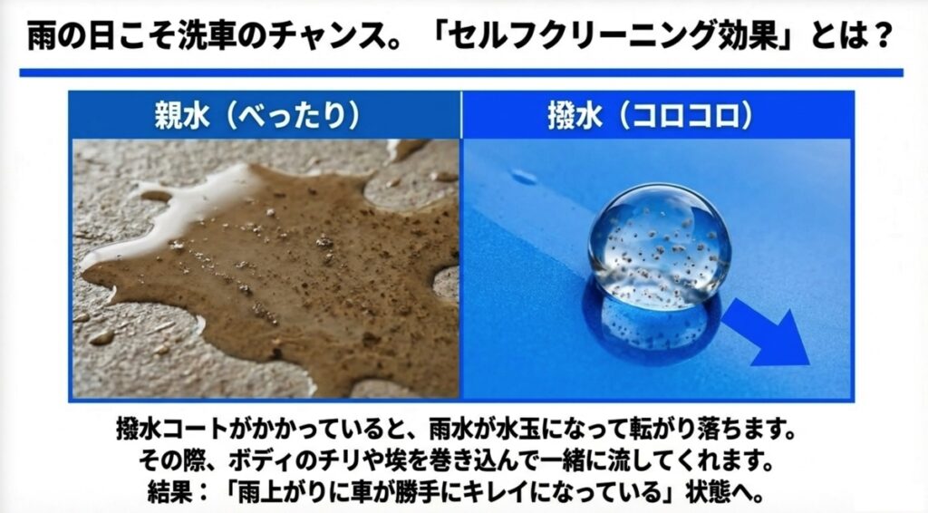 親水状態と撥水状態の水弾きの違いとセルフクリーニング効果