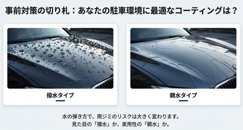 水玉になる撥水タイプと、水膜で流れる親水タイプのイメージ比較