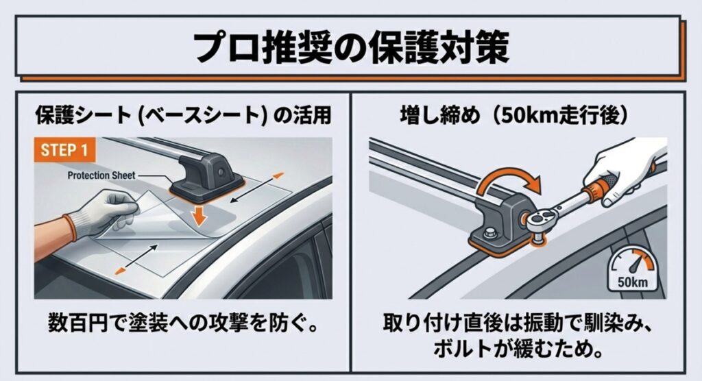 ルーフキャリア装着前にボディの塗装を保護するための透明シートを貼り付けている様子