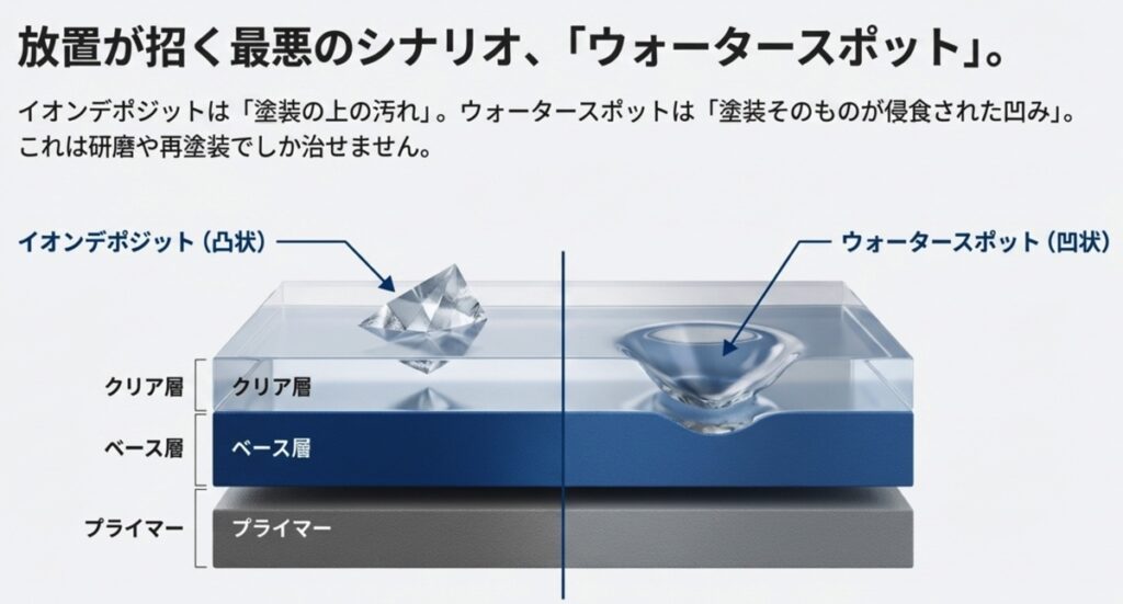 塗装の上にできる凸状のシミと、塗装が侵食された凹状のスポットの違い