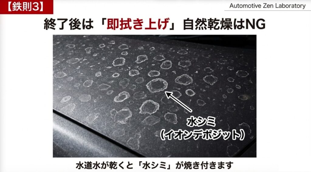 黒い車のボディに発生した白い輪っか状の水シミ（イオンデポジット）の拡大写真。