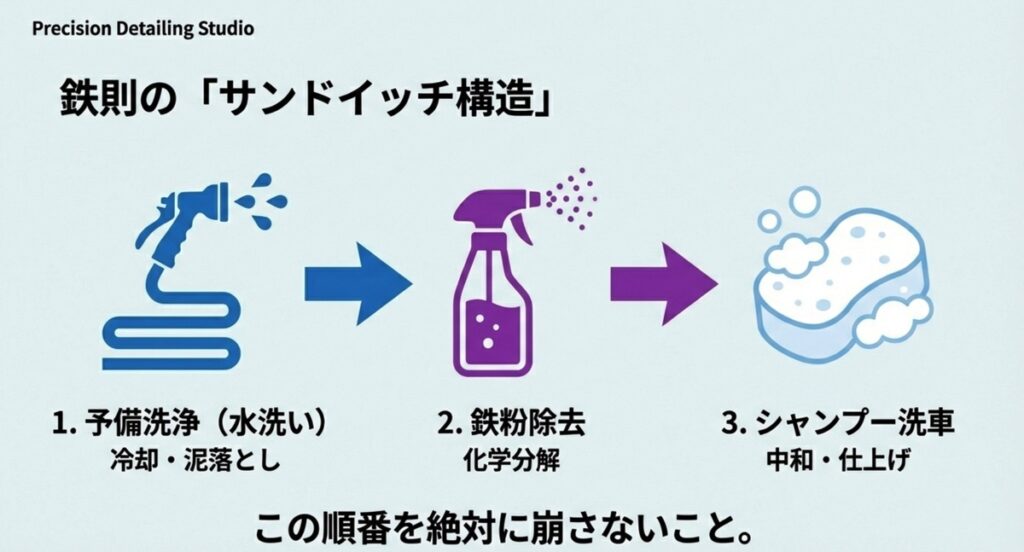 1.予備洗浄（冷却）、2.鉄粉除去（分解）、3.シャンプー洗車（中和）の正しい順序を示したフロー図