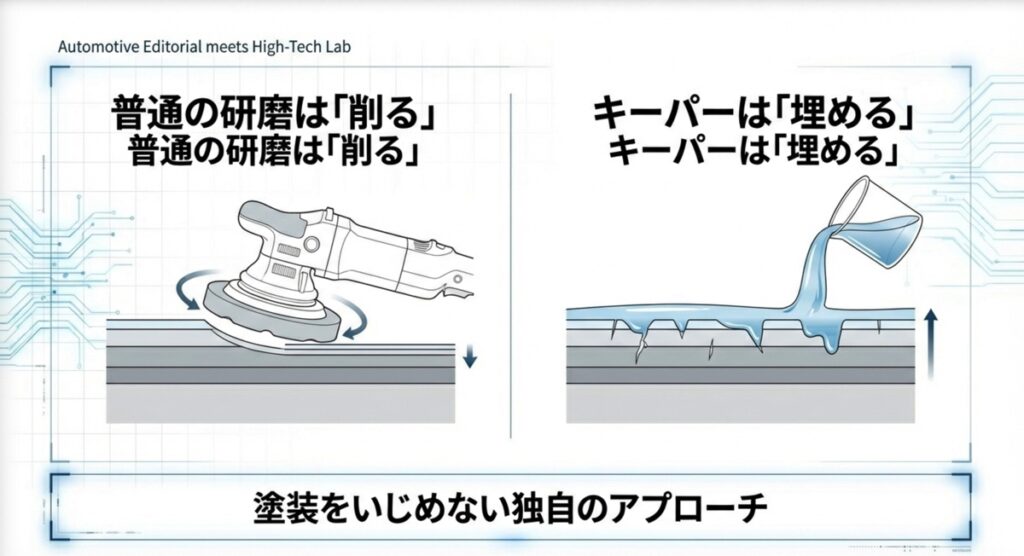 塗装を削らずにコーティング被膜で凹凸を埋める断面図