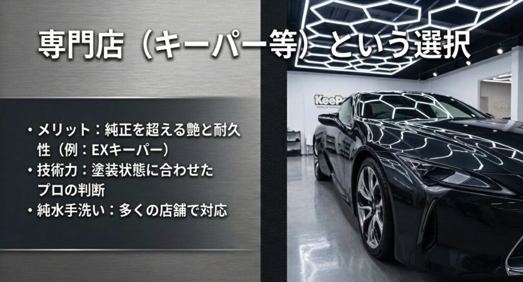 キーパー等の専門店を利用するメリット。純正を超える艶、塗装状態に合わせたプロの判断、純水手洗いについて