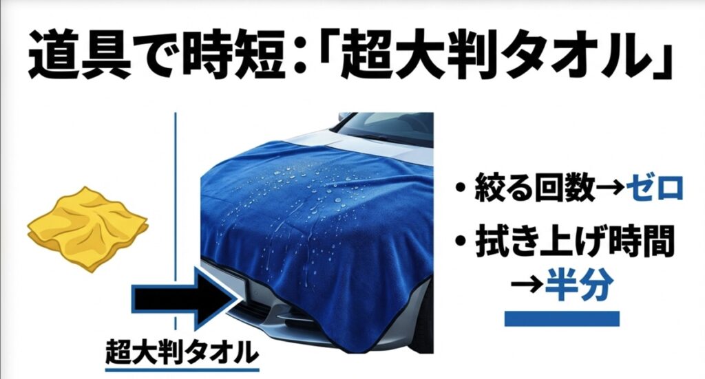 超大判タオルを使うことで絞る回数がゼロになり、拭き上げ時間が半分に短縮されるイメージ。