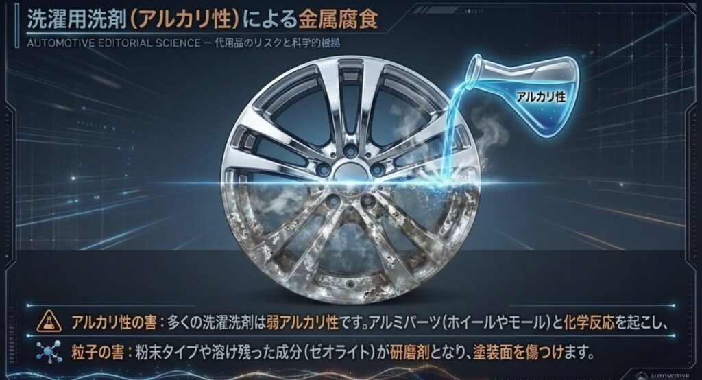 アルカリ性の洗濯洗剤がアルミパーツと反応して腐食を起こすことや、粒子の残留リスクについての解説