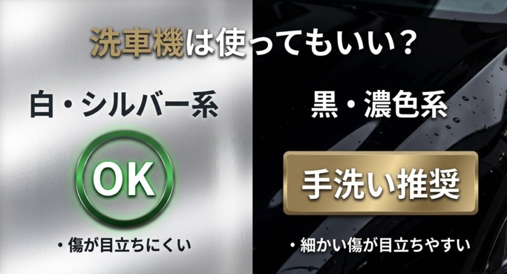 洗車機利用の可否判断。白・シルバー系はOK、黒・濃色系は傷が目立ちやすいため手洗いを推奨する図解