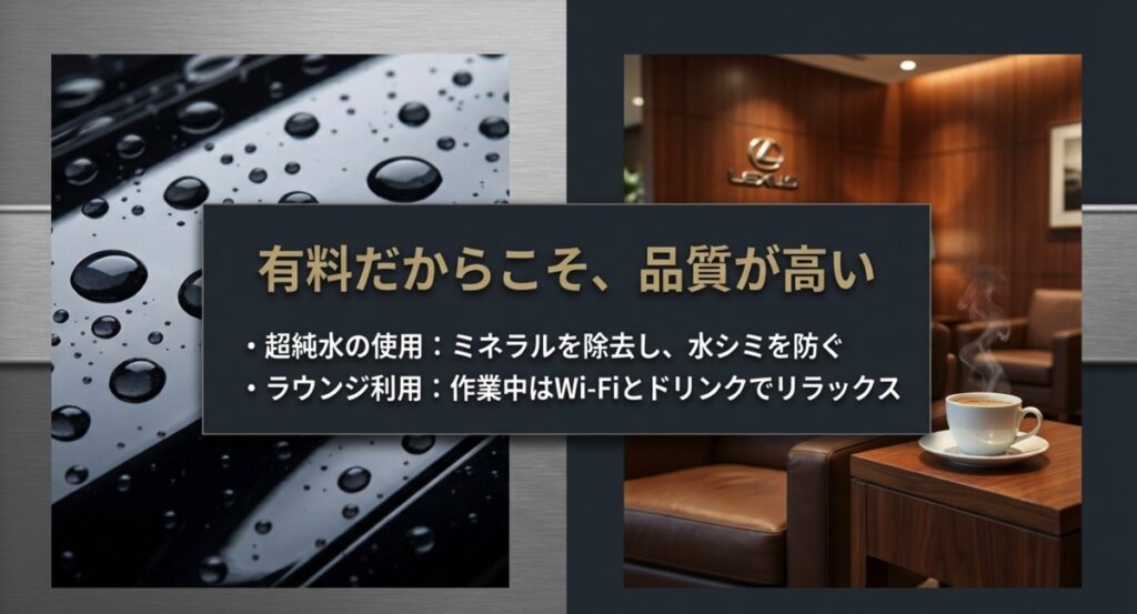 有料洗車ならではのメリット。超純水の使用による水シミ防止効果と、作業中のオーナーズラウンジ利用について。
