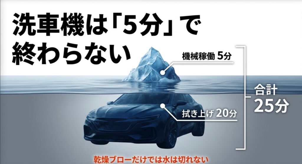 洗車機の稼働時間は5分でも、拭き上げを含めると合計25分かかることを示す内訳グラフ。