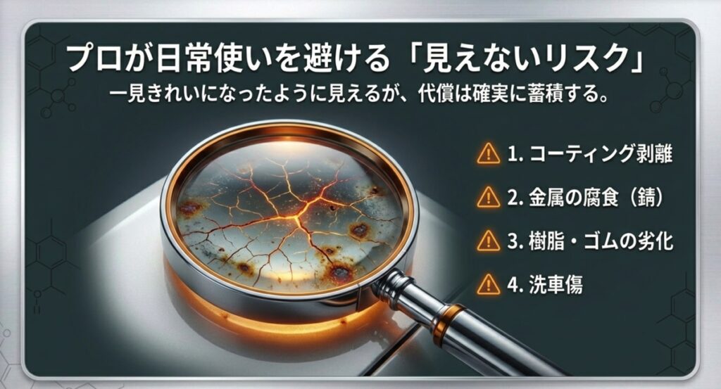 コーティング剥離、金属腐食、樹脂劣化、洗車傷のリスクを挙げたスライド