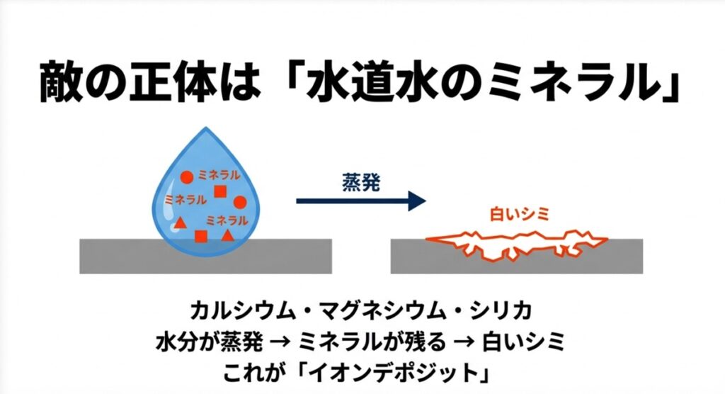 水道水に含まれるミネラルが蒸発して白いシミになる仕組みの図解
