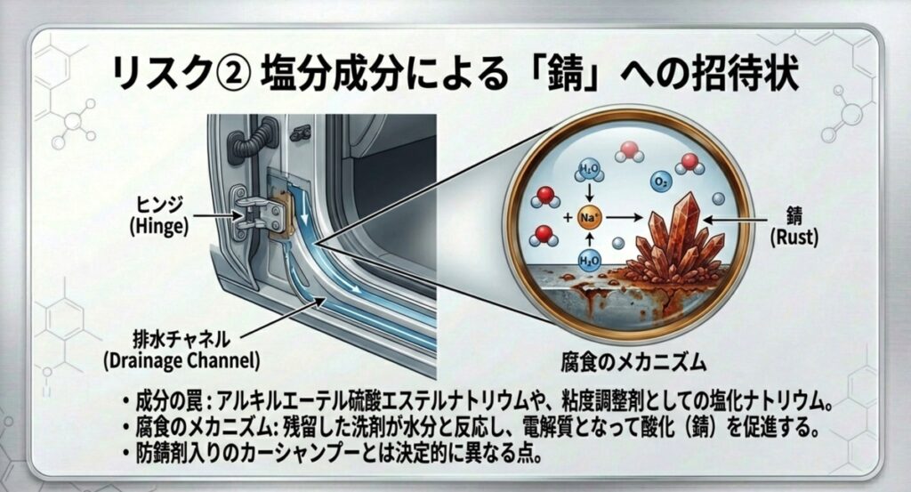 ドアヒンジや排水チャネルに残留した成分が錆を引き起こす化学的メカニズムの図解
