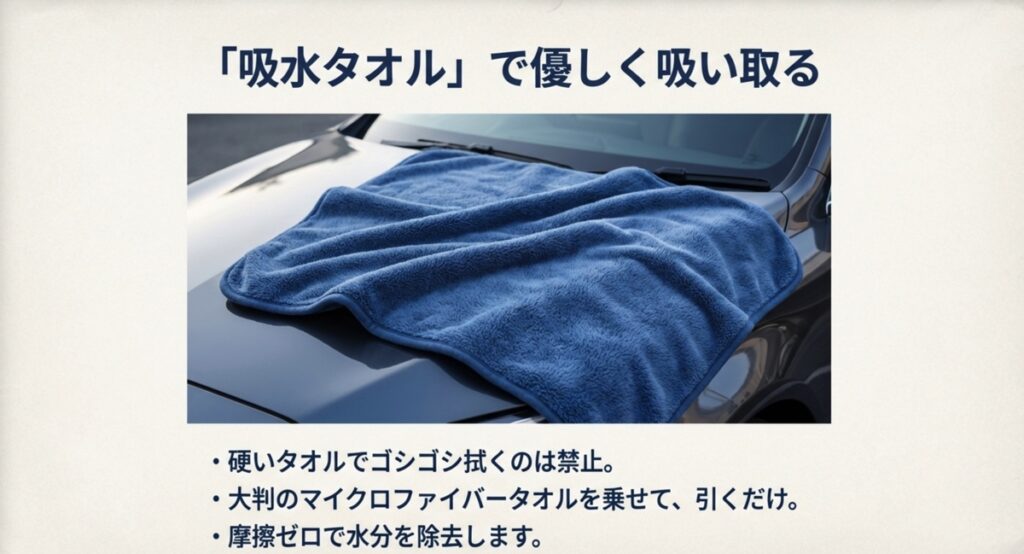 大判のマイクロファイバータオルを乗せて引くだけで、摩擦ゼロで水分を除去する方法