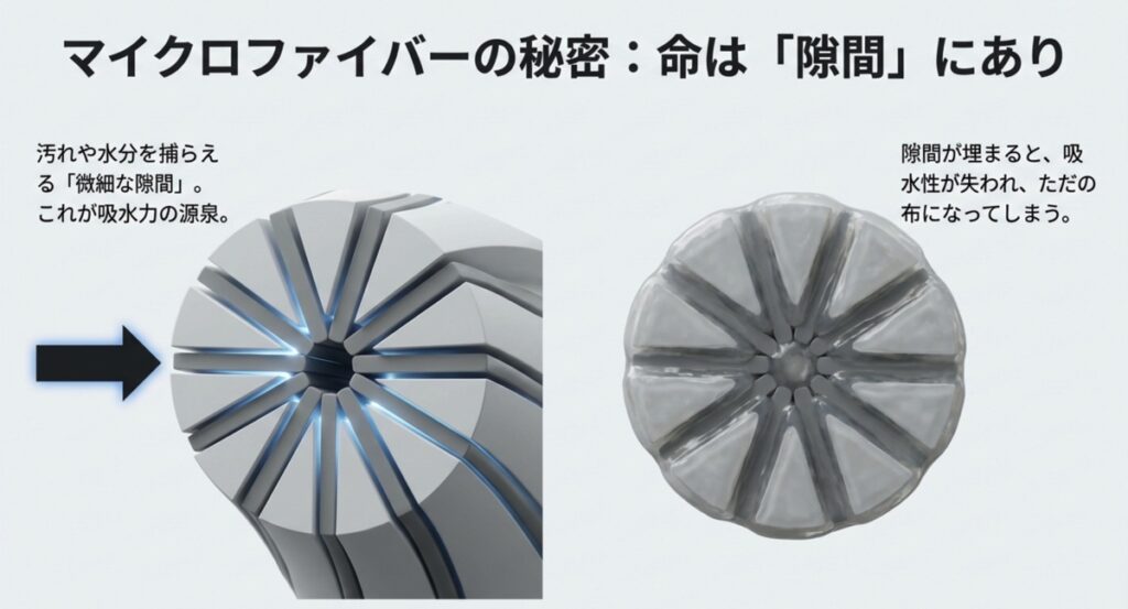 マイクロファイバーの繊維断面図と吸水力の源泉である隙間構造
