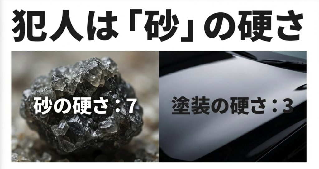砂（石英）の硬度7と自動車塗装の硬度3を比較し、砂の方が圧倒的に硬いことを示す画像