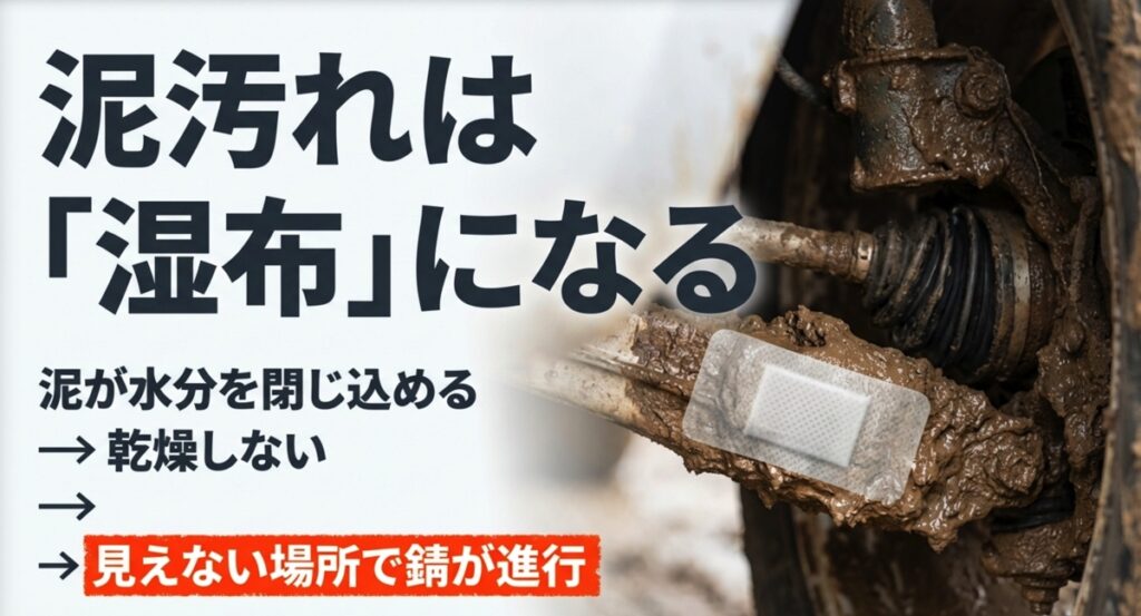 泥汚れが湿布のように水分を閉じ込め、乾燥しないことで見えない場所の錆を進行させる仕組みの解説図