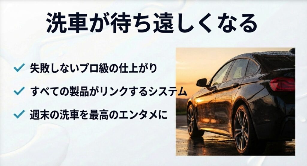 洗車が楽しくなること、製品がリンクするシステムであることを伝えるメッセージスライド