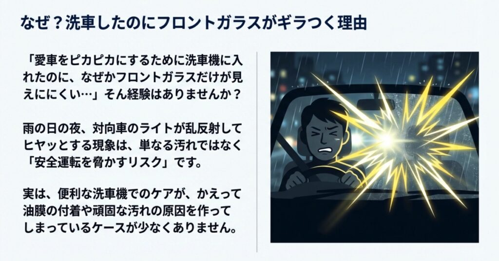 雨の日の夜間運転でフロントガラスの油膜により対向車のライトがギラつき、視界が悪化している危険な状態のイラスト