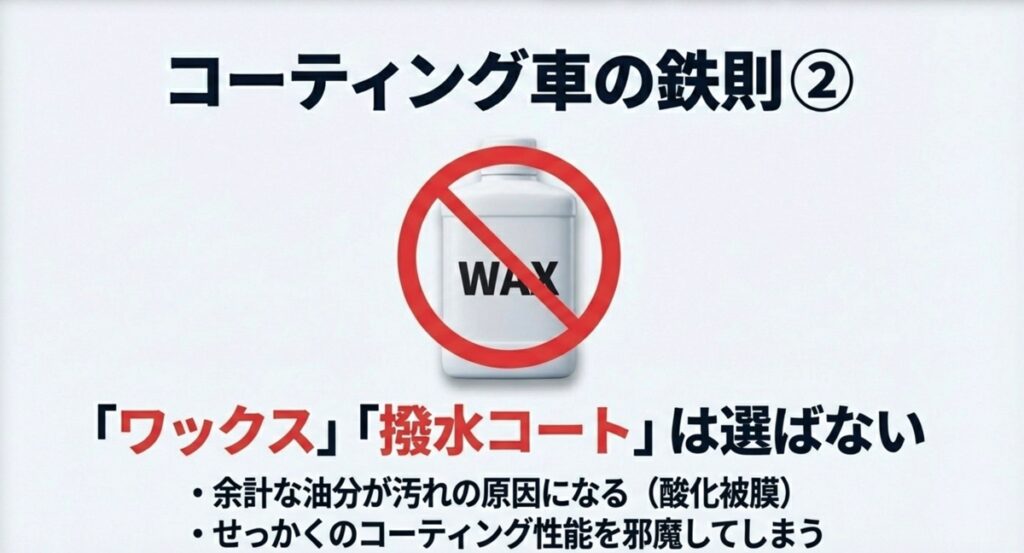 コーティング車に対してワックスや撥水コートメニューを選ぶべきではない理由と禁止マーク