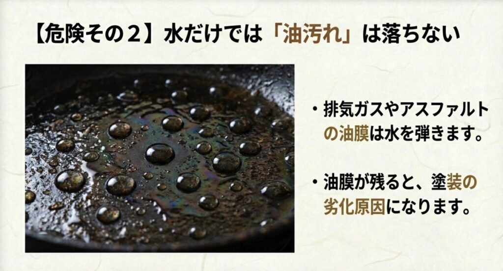危険その2。排気ガスなどの油膜は水を弾くため、水洗いだけでは落ちずに劣化原因になる様子。