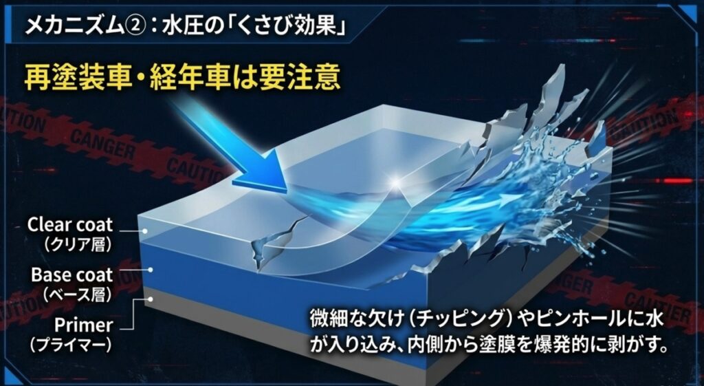 塗装の微細な欠けに水圧が入り込み、内側から塗膜を爆発的に剥がしてしまうくさび効果の図解