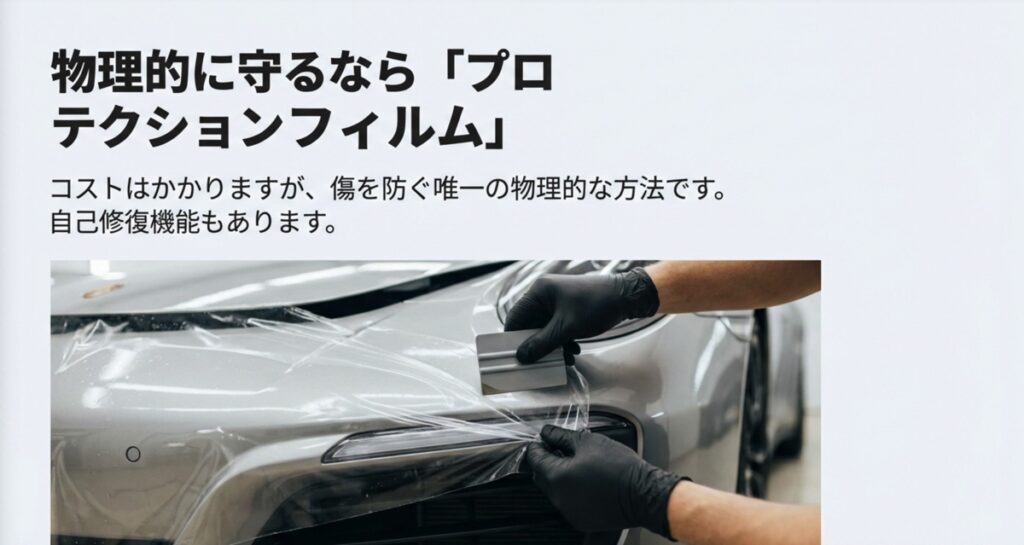 車のバンパーに透明な保護フィルムを施工している様子。傷を防ぐ唯一の物理的な方法であることの説明