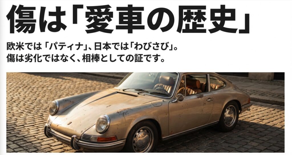 雰囲気のあるポルシェの画像と共に、欧米のパティナや日本のわびさびの精神で傷を愛車の歴史として捉える考え方