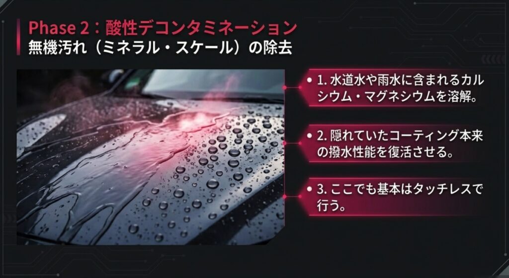 Phase 2 酸性デコンタミネーションによるミネラル汚れの除去とコーティング撥水復活