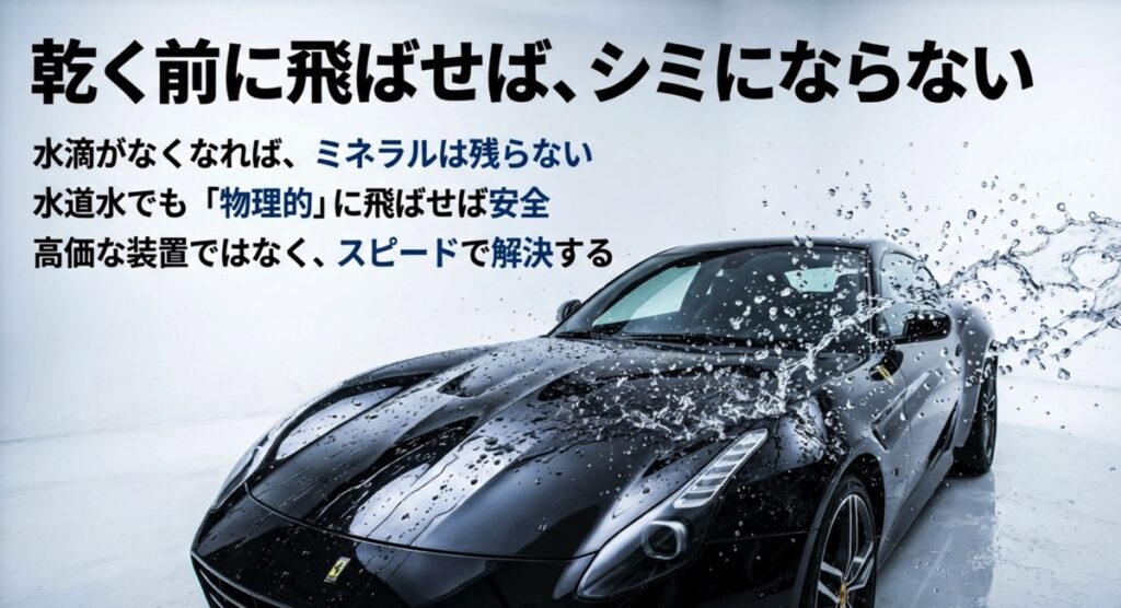 水分が乾く前に物理的に飛ばせばミネラルは残らないという解説
