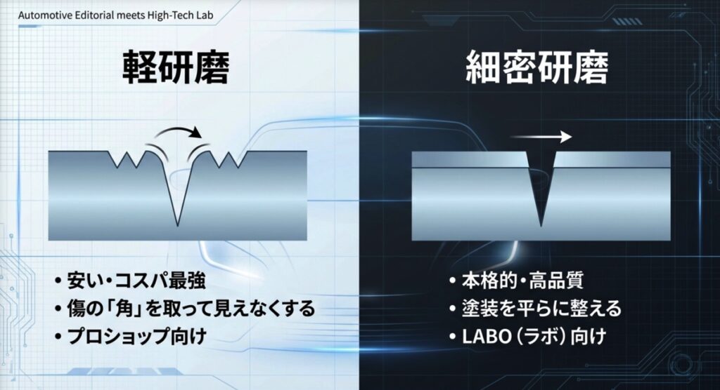 コスパ重視の軽研磨と品質重視の細密研磨の特徴比較