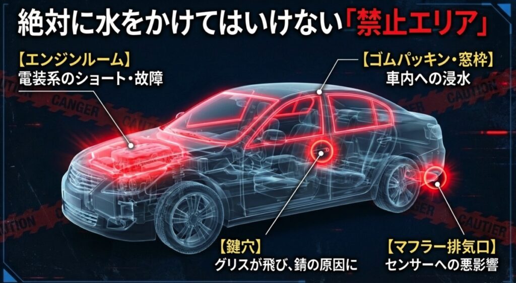 エンジンルーム、ゴムパッキン、鍵穴、マフラー排気口など、高圧洗浄機の使用を避けるべき箇所のイラスト