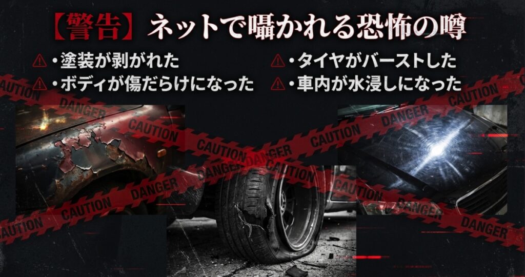 塗装剥がれや傷、タイヤバーストなど、インターネット上で囁かれる高圧洗浄機の危険な噂とCAUTIONマーク