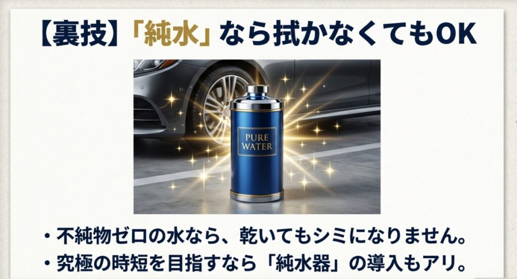 不純物ゼロの純水(PURE WATER)なら乾いてもシミにならず、究極の時短になるという紹介