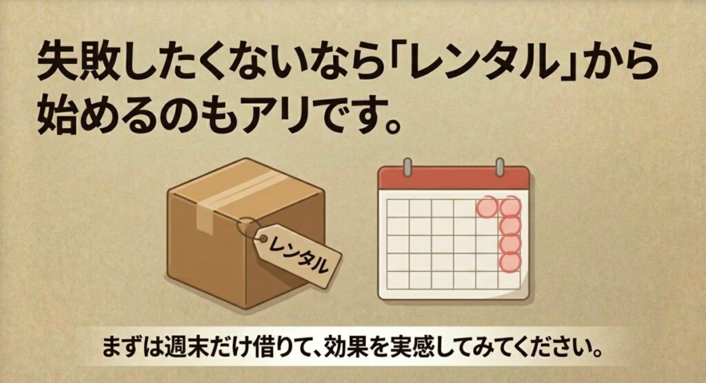 失敗したくない人向けに、週末だけ純水器をレンタルして効果を実感することを推奨するイメージ