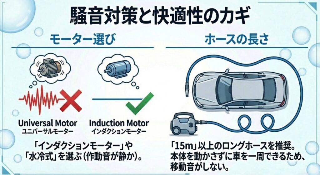 インダクションモーターとユニバーサルモーターの違い、および15mロングホースを使用するメリットの解説