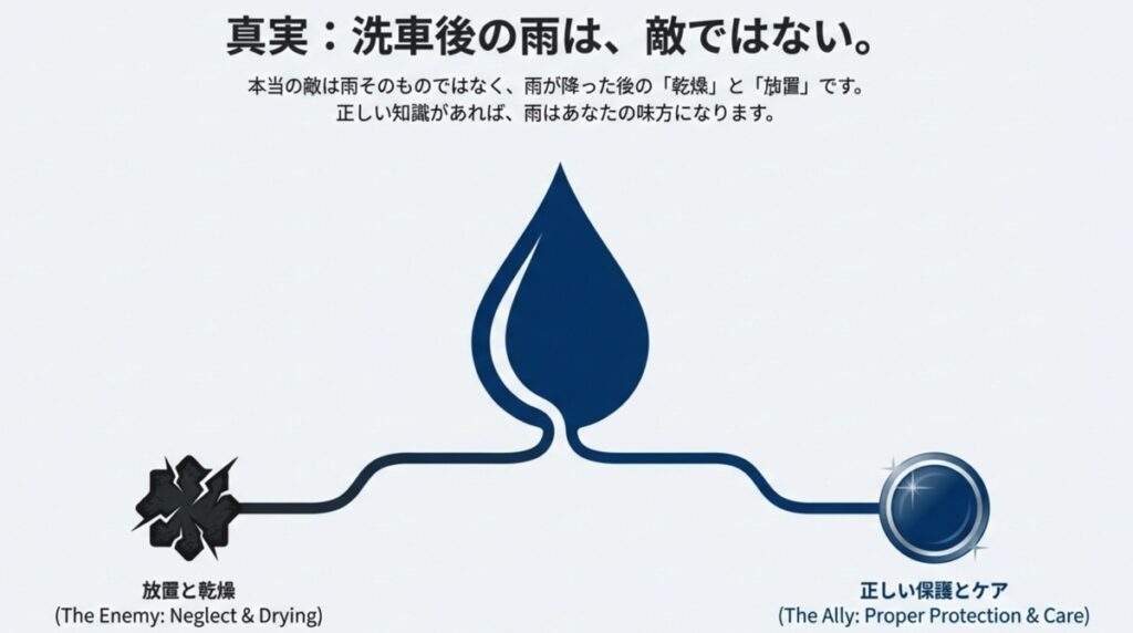 雨自体は敵ではなく放置と乾燥こそが塗装の敵であるという概念図