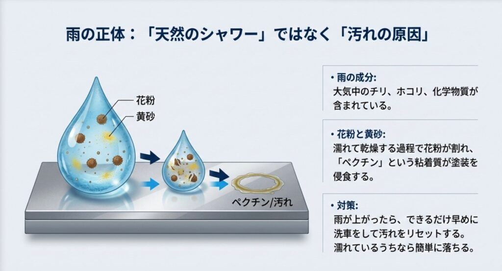 雨に含まれる花粉や黄砂が乾燥して汚れの原因になるメカニズム