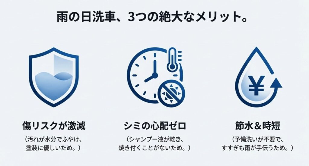 傷リスク激減、シミ心配ゼロ、節水＆時短という3つの利点アイコン