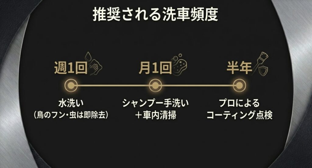 レクサスの推奨洗車頻度。週1回の水洗い、月1回のシャンプー手洗い、半年ごとのプロによるメンテナンス