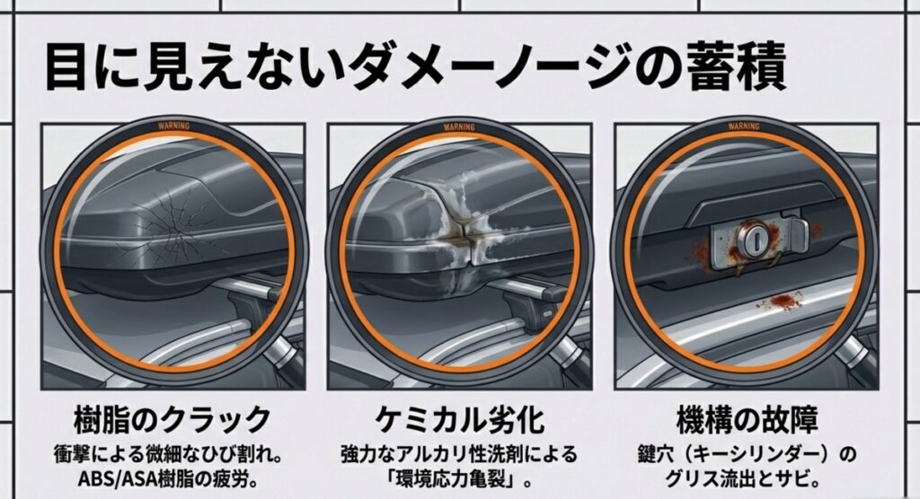 ルーフボックスの樹脂に入ったクラックとキーシリンダーの錆の拡大図