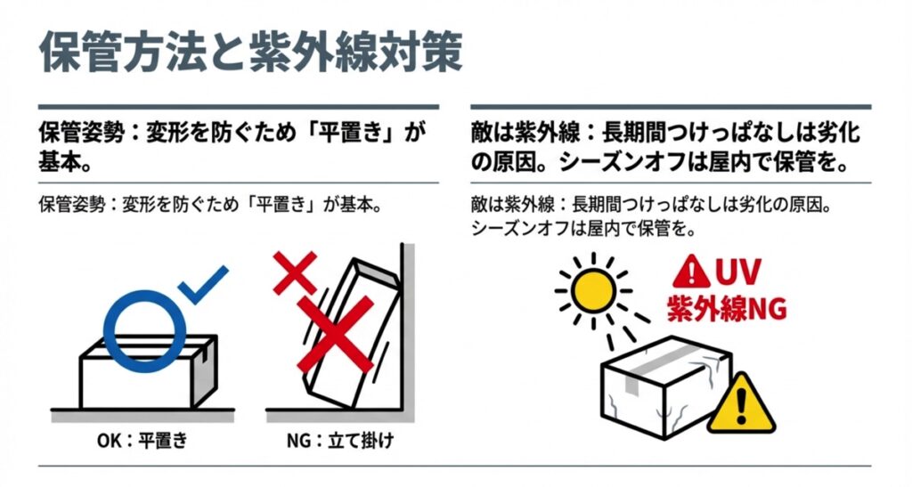 変形を防ぐための平置き保管と、紫外線による劣化を防ぐための屋内保管を推奨するイラスト